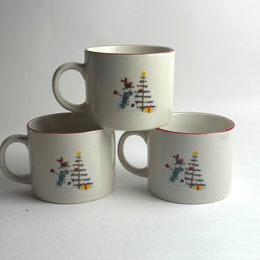 Farberware‎ Holiday Snowman Mugs Set of 3 Christmas Tree Red Rim Vintage 2000